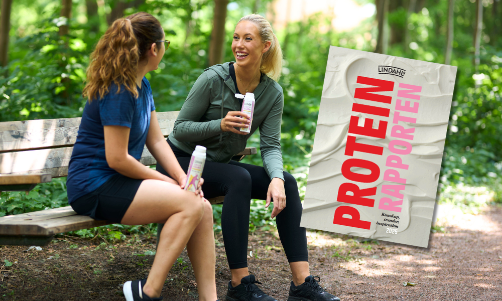 Bild på två tränande kvinnor och Skånemejeriers rapport Proteinrapporten